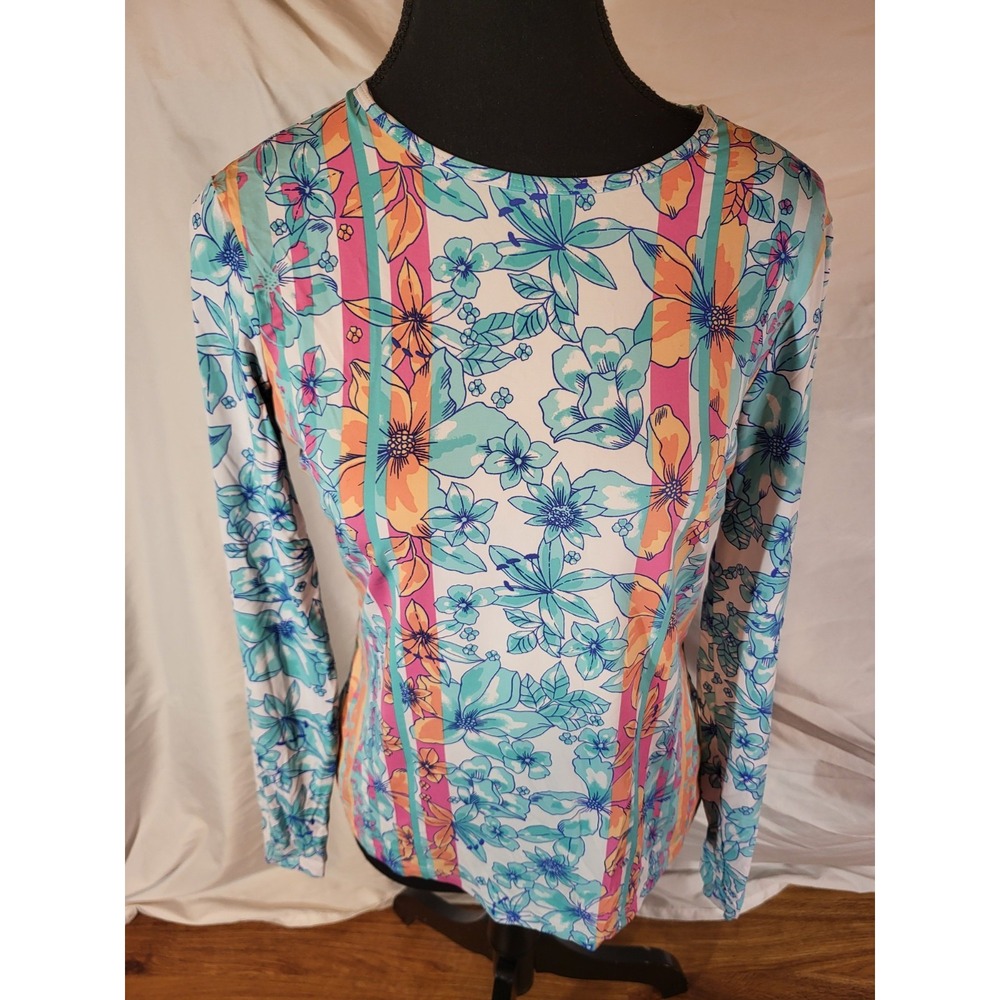 Lands End‎ Size XS 2-4 Blue Floral Long Sleeve Rash Guard